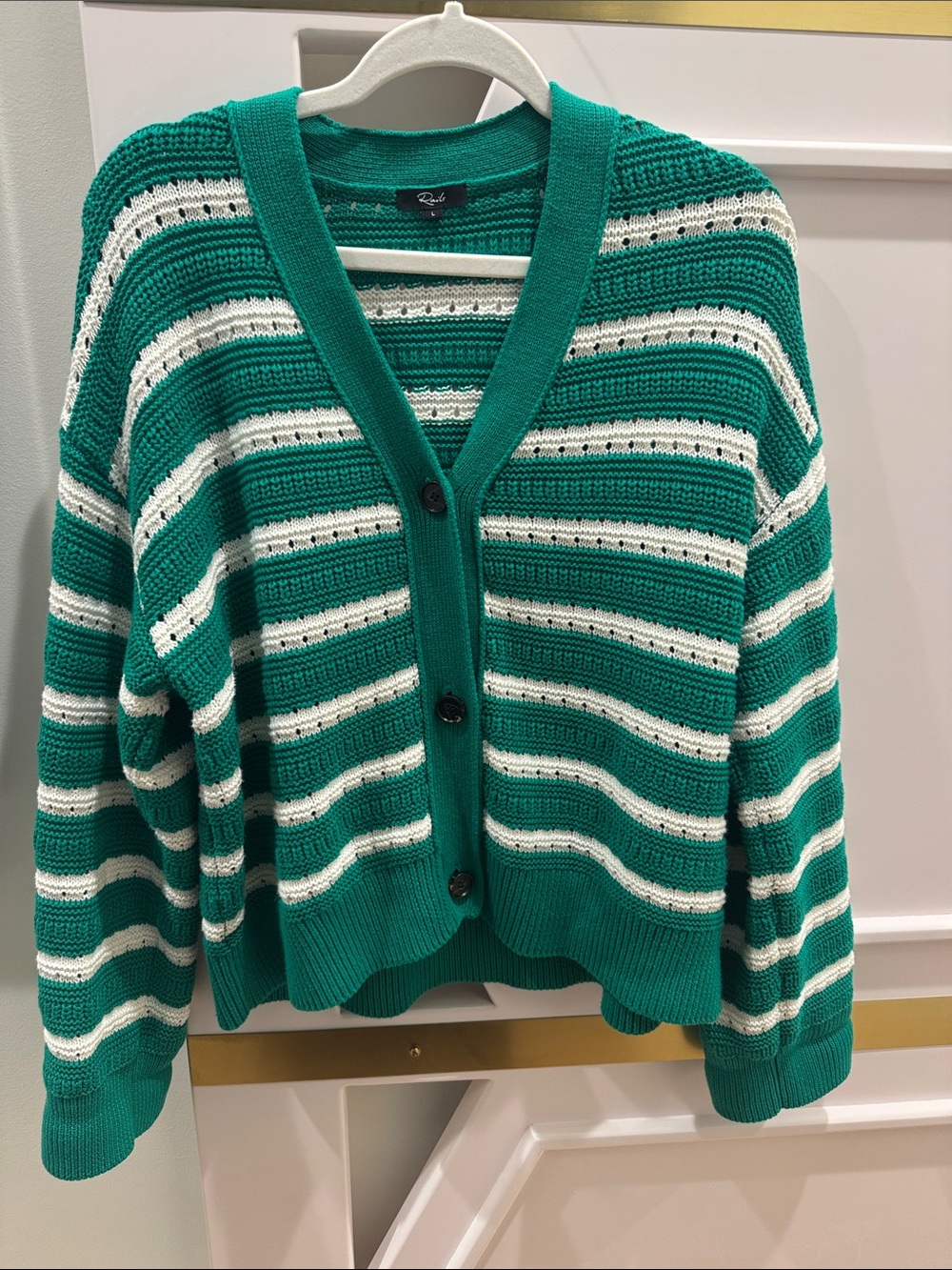 Green and White Striped V-Neck Button Cardigan